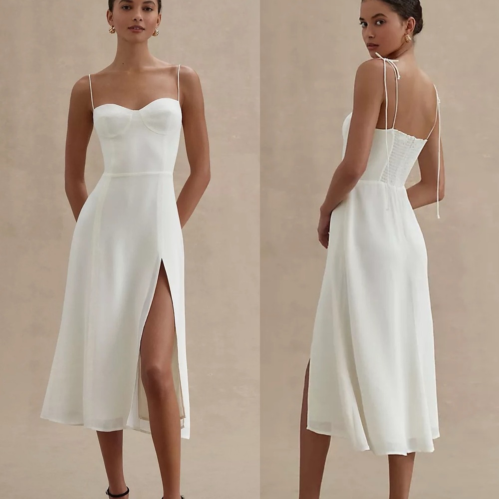 Reformation Juliette Smocked Corset-style Bodice Slit Dress - White